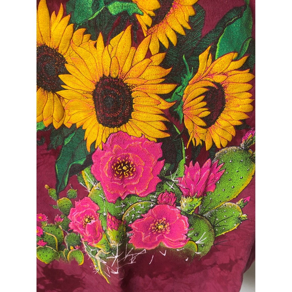 Vintage 90s Cotton Fitz Tie Dye Sunflower Hummingbird T-Shirt Maroon Large USA - Picture 3 of 5